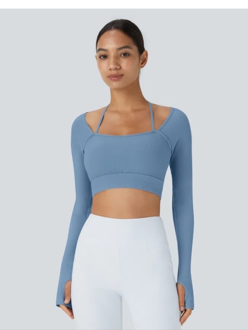 HALARA Ribbed Halter Crop Top - Light Blue